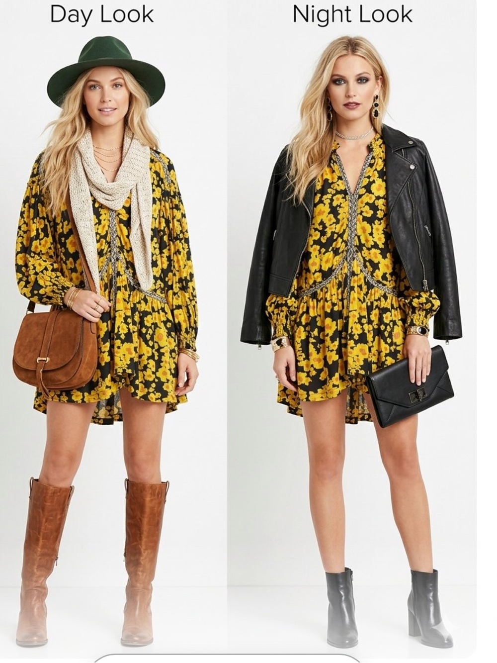Free People Love Letter Tunic Mini Black and Yellow Floral Boho Oversized
